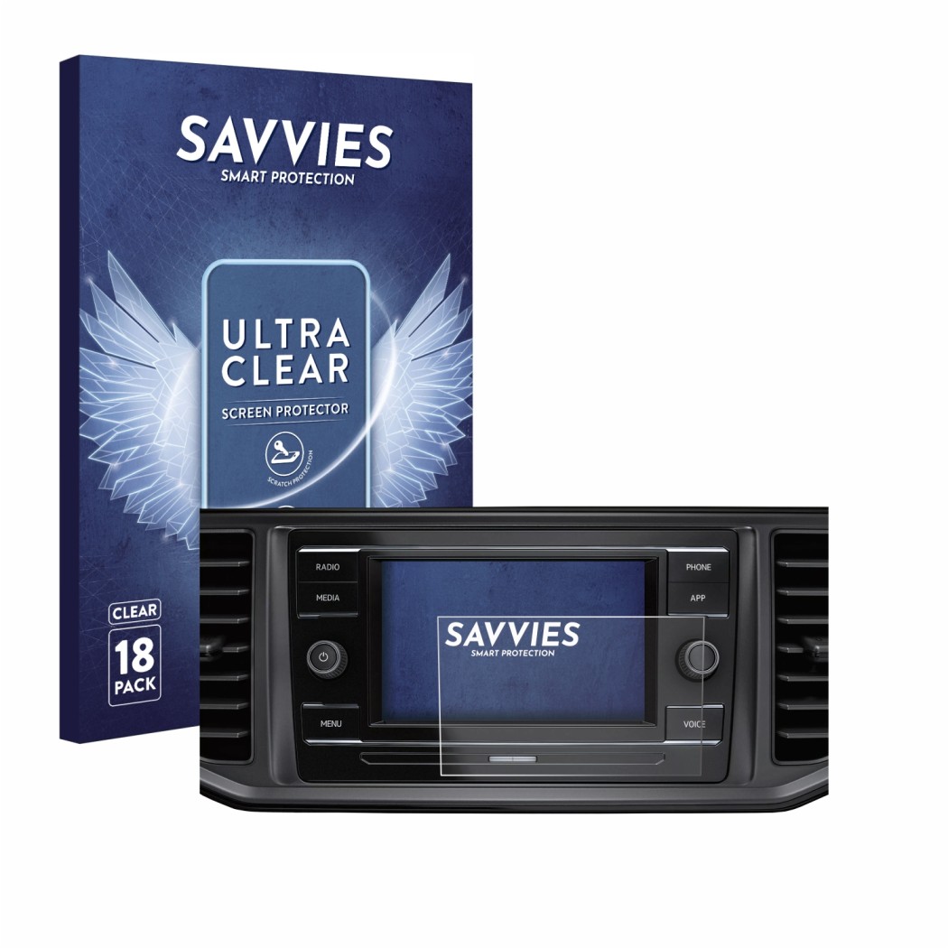 Front side of a product packaging with the brand logo Savvies. Next to it is the device Volkswagen Crafter Composition Colour 