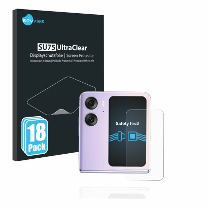 Parte frontal de un envase de producto con el logotipo de la marca Savvies. Al lado se muestra el dispositivo Oppo Find N2 Fli