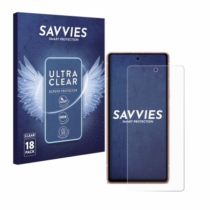 Front side of a product packaging with the brand logo Savvies. Next to it is the device Google Pixel 7a shown with the corresp