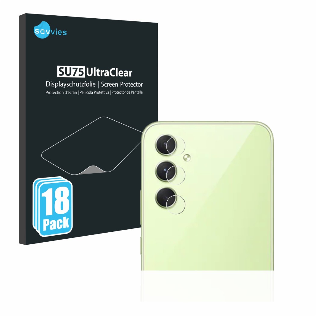 Vorderseite einer Produktverpackung mit dem Markenlogo Savvies. Daneben ist das Gerät Samsung Galaxy A54 5G (NUR Kameraschutz)