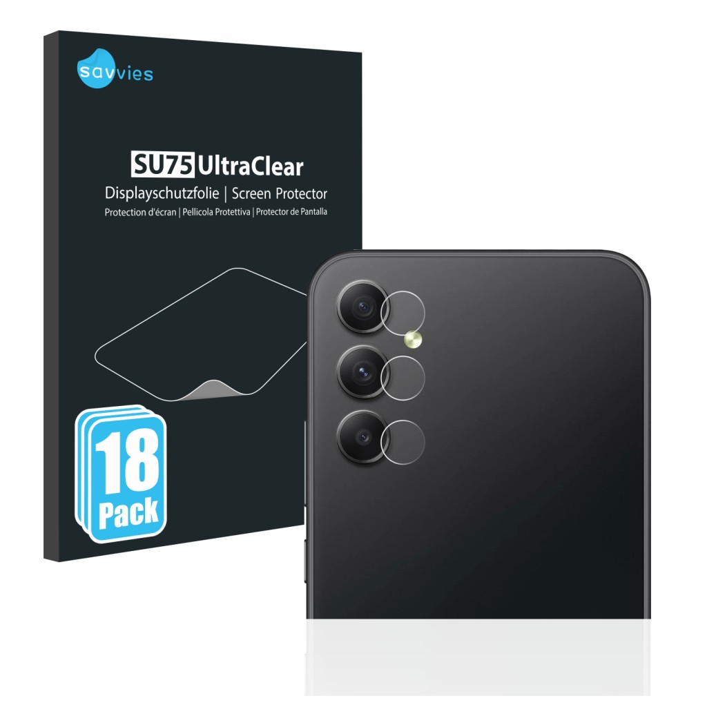 Vorderseite einer Produktverpackung mit dem Markenlogo Savvies. Daneben ist das Gerät Samsung Galaxy A34 5G (NUR Kameraschutz)