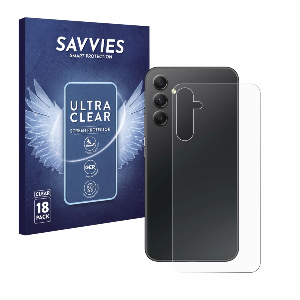 Front side of a product packaging with the brand logo Savvies. Next to it is the device Samsung Galaxy A34 5G (Back) shown wit