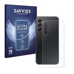 Vorderseite einer Produktverpackung mit dem Markenlogo Savvies. Daneben ist das Gerät Samsung Galaxy A34 5G (Rückseite) mit de