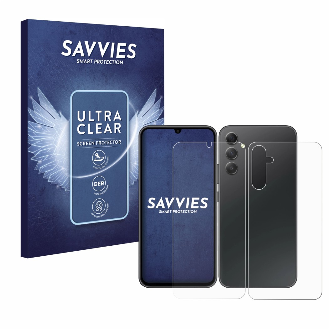 Front side of a product packaging with the brand logo Savvies. Next to it is the device Samsung Galaxy A34 5G (Front+Back) sho