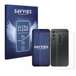 Vorderseite einer Produktverpackung mit dem Markenlogo Savvies. Daneben ist das Gerät Samsung Galaxy A34 5G (Display+Rückseite