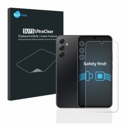 Vorderseite einer Produktverpackung mit dem Markenlogo Savvies. Daneben ist das Gerät Samsung Galaxy A34 5G (Display+Kamera) m