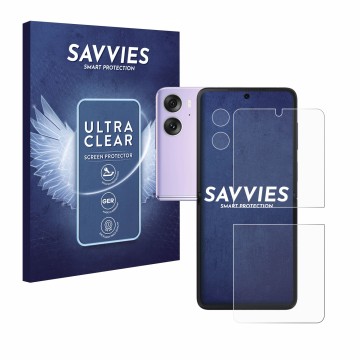 Parte frontal de un envase de producto con el logotipo de la marca Savvies. Al lado se muestra el dispositivo Oppo Find N2 Fli