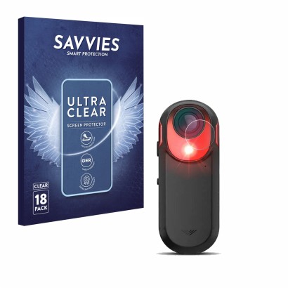 Front side of a product packaging with the brand logo Savvies. Next to it is the device Garmin Varia RCT 715 shown with the co