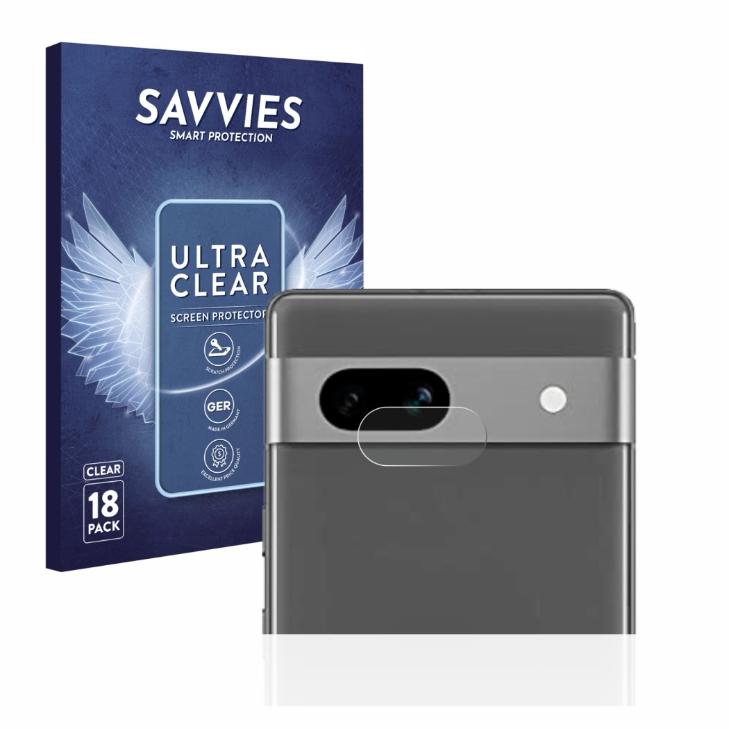 Face avant d’un emballage produit avec le logo de la marque Savvies. À côté, l’appareil Google Pixel 7a (Caméra UNIQUEMENT) es