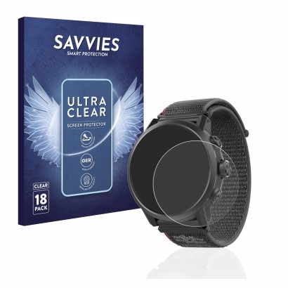 Vorderseite einer Produktverpackung mit dem Markenlogo Savvies. Daneben ist das Gerät Coros Apex 2 mit dem zugehörigen Display