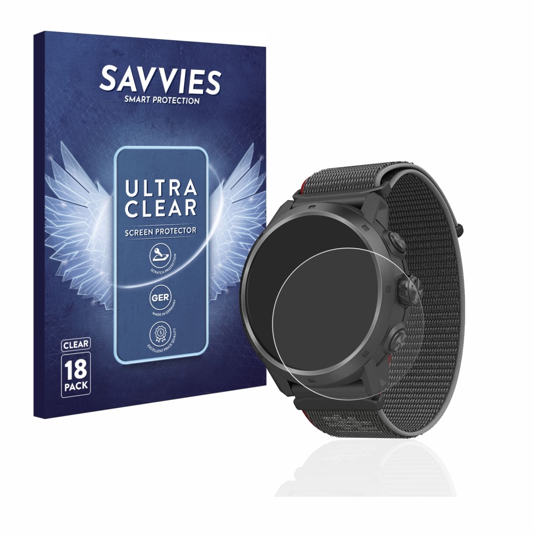 Face avant d’un emballage produit avec le logo de la marque Savvies. À côté, l’appareil Coros Apex 2 Pro est représenté avec l