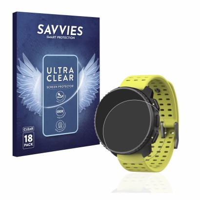 Vorderseite einer Produktverpackung mit dem Markenlogo Savvies. Daneben ist das Gerät Suunto Vertical mit dem zugehörigen Disp