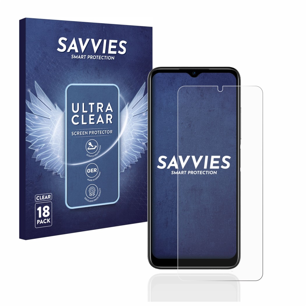 Face avant d’un emballage produit avec le logo de la marque Savvies. À côté, l’appareil Doogee N50 est représenté avec la prot