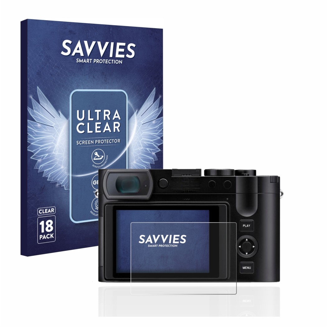 Front side of a product packaging with the brand logo Savvies. Next to it is the device Leica Q3 shown with the corresponding 