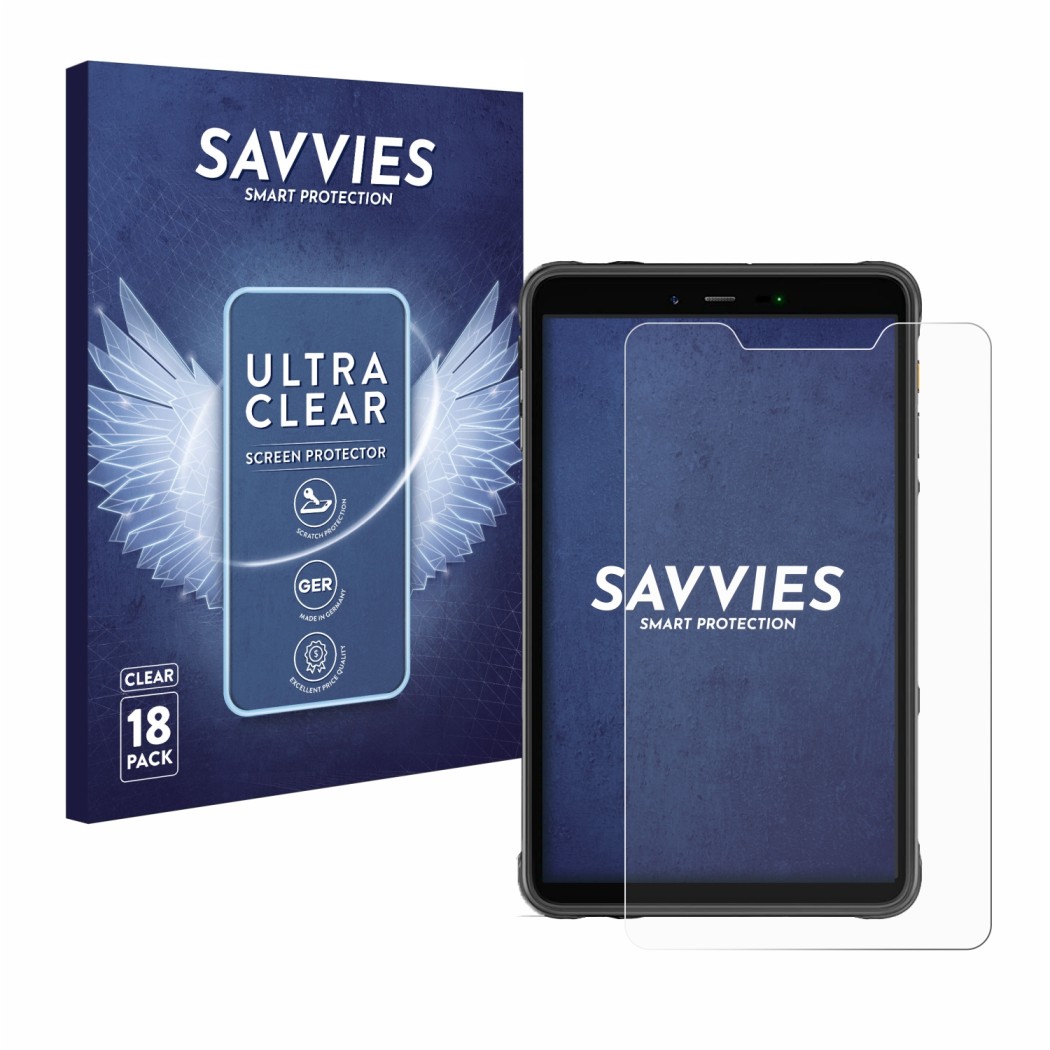 Front side of a product packaging with the brand logo Savvies. Next to it is the device Ulefone Armor Pad 8 shown with the cor