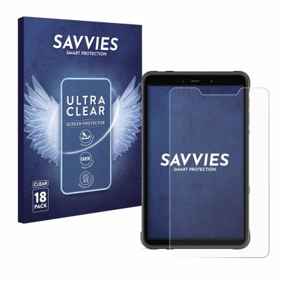 Front side of a product packaging with the brand logo Savvies. Next to it is the device Ulefone Armor Pad 8 shown with the cor