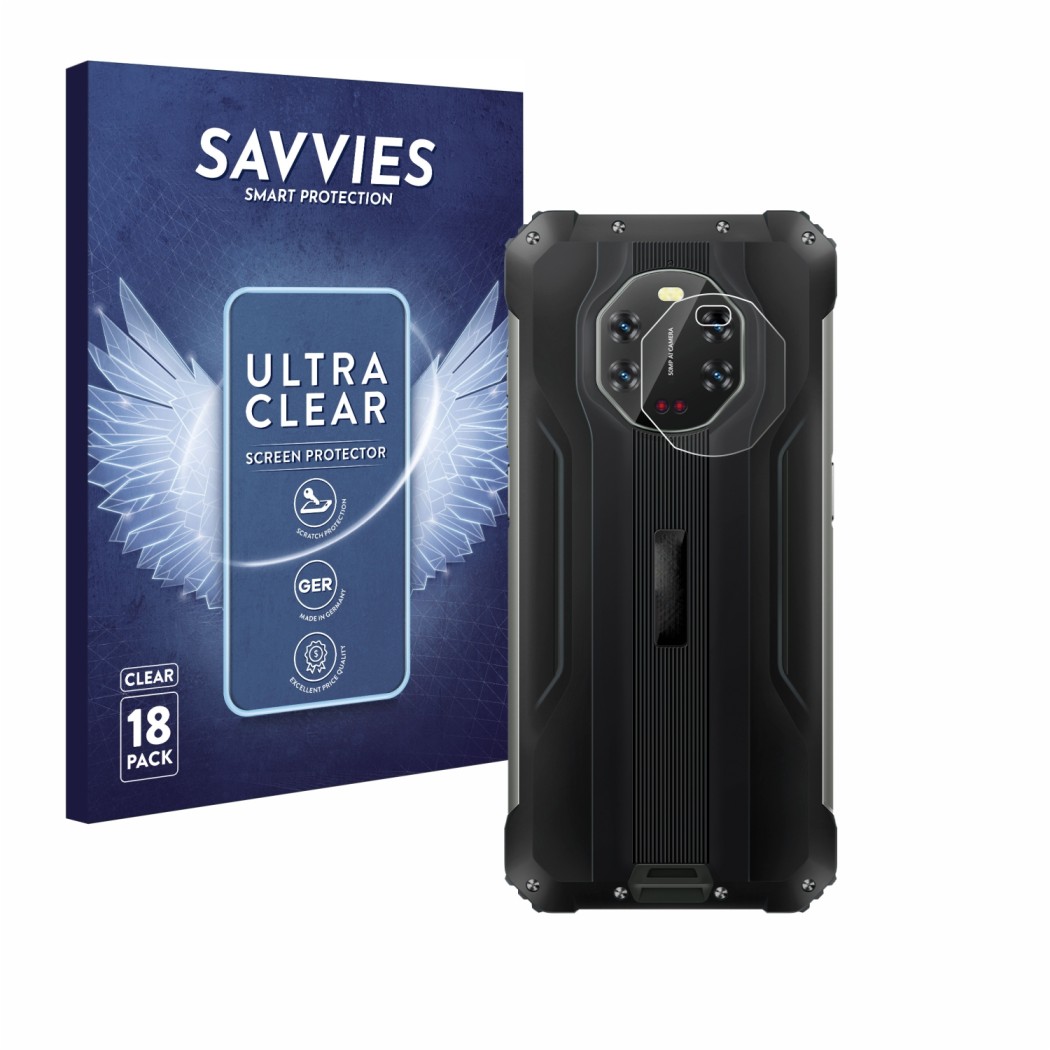 Front side of a product packaging with the brand logo Savvies. Next to it is the device Blackview BL8800 5G (ONLY Camera Lens)