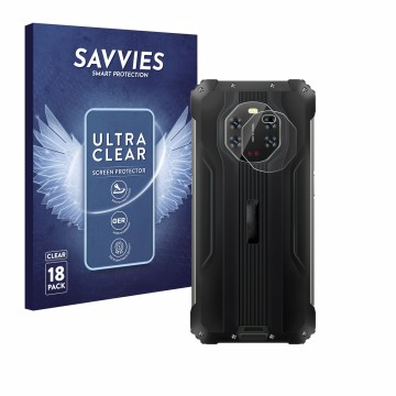 Front side of a product packaging with the brand logo Savvies. Next to it is the device Blackview BL8800 5G (ONLY Camera Lens)