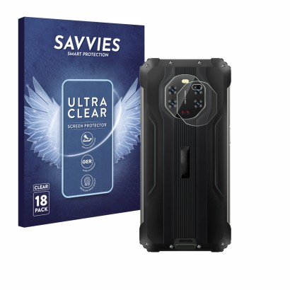 Front side of a product packaging with the brand logo Savvies. Next to it is the device Blackview BL8800 5G (ONLY Camera Lens)