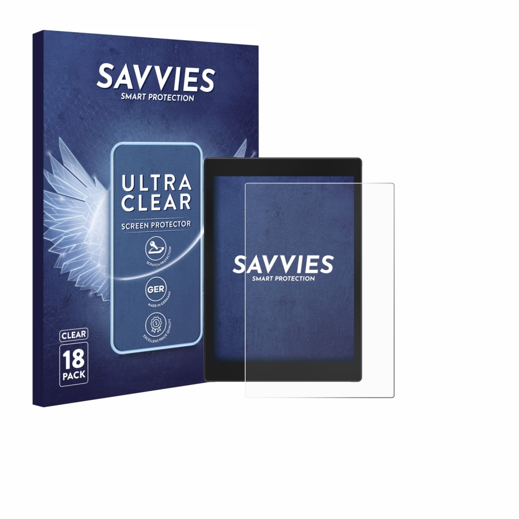 Front side of a product packaging with the brand logo Savvies. Next to it is the device Boox Tab Mini C shown with the corresp