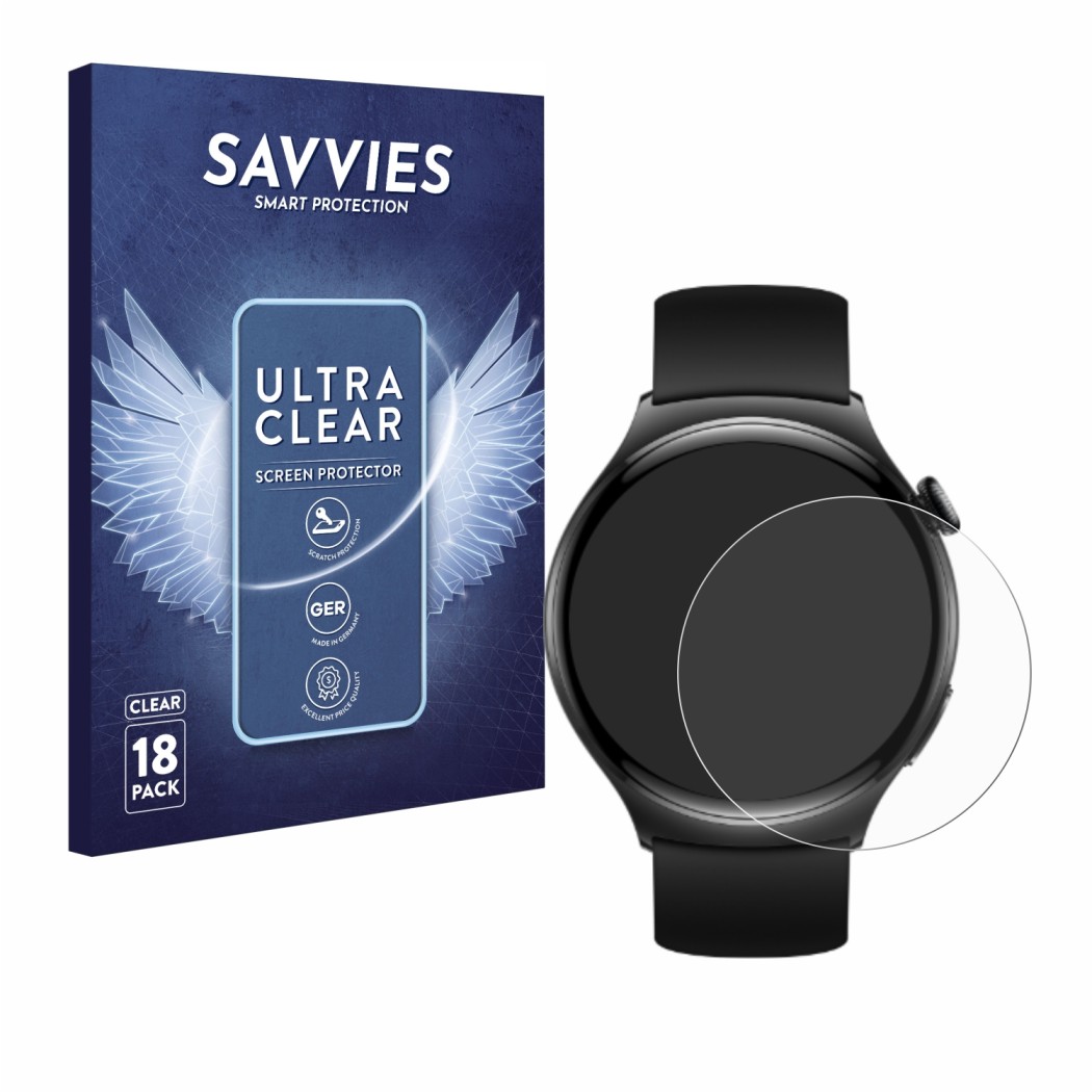 Vorderseite einer Produktverpackung mit dem Markenlogo Savvies. Daneben ist das Gerät Huawei Watch 4 mit dem zugehörigen Displ