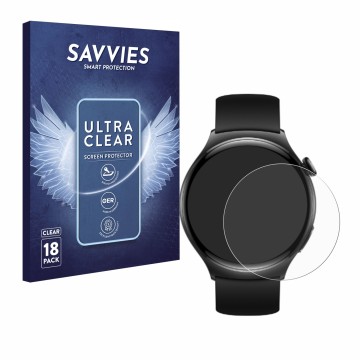 Vorderseite einer Produktverpackung mit dem Markenlogo Savvies. Daneben ist das Gerät Huawei Watch 4 mit dem zugehörigen Displ