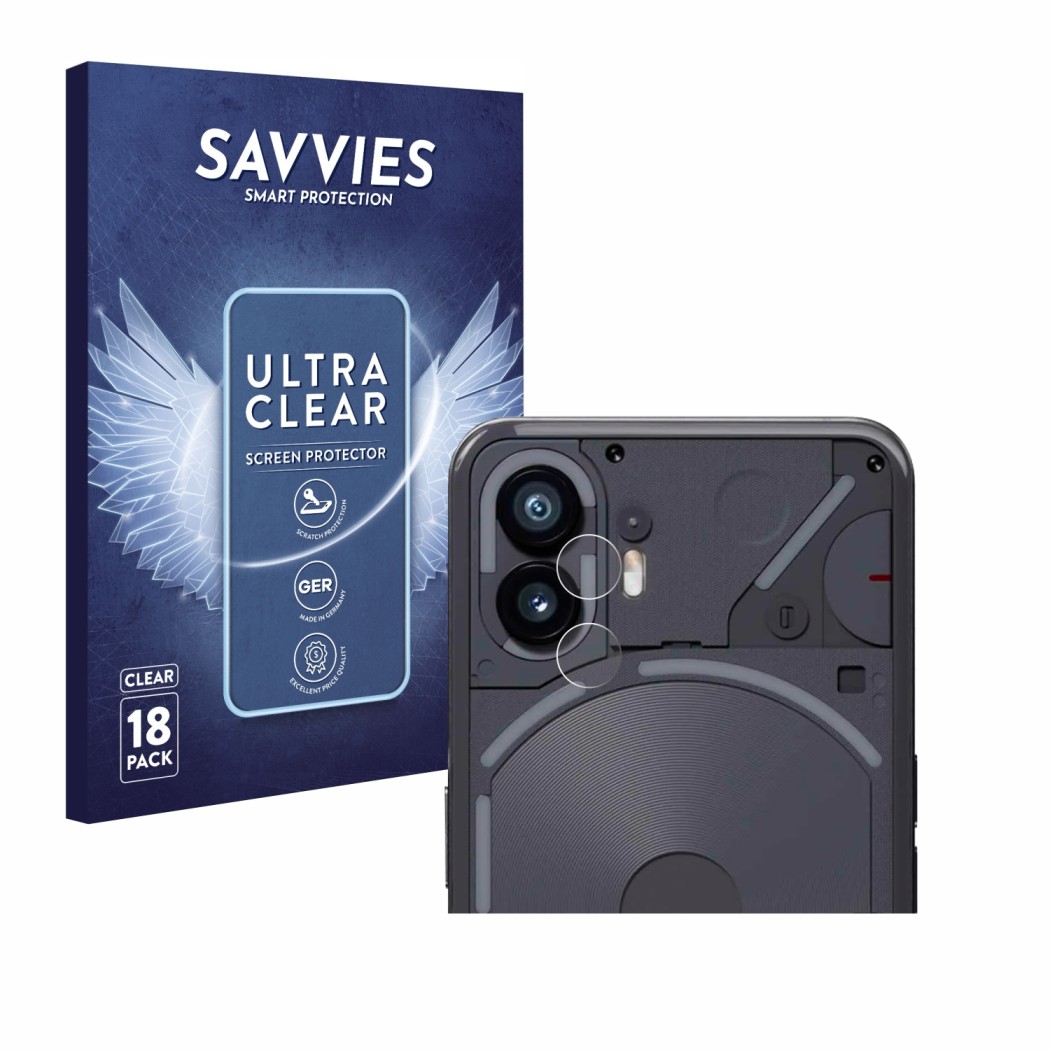 Front side of a product packaging with the brand logo Savvies. Next to it is the device Nothing Phone (2) (ONLY Camera Lens) s