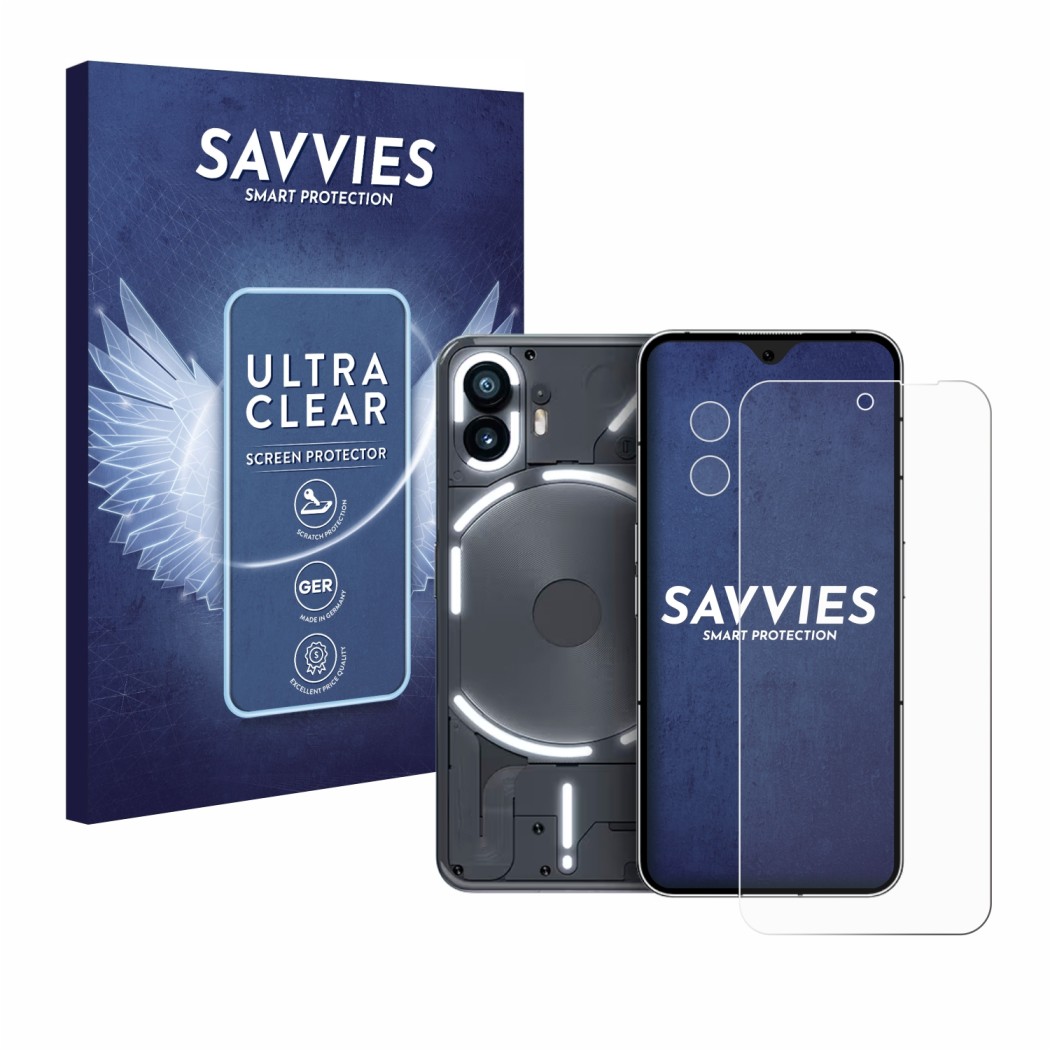 Vorderseite einer Produktverpackung mit dem Markenlogo Savvies. Daneben ist das Gerät Nothing Phone (2) (Display+Kamera) mit d