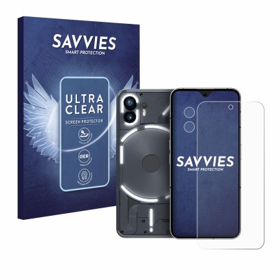 Vorderseite einer Produktverpackung mit dem Markenlogo Savvies. Daneben ist das Gerät Nothing Phone (2) (Display+Kamera) mit d
