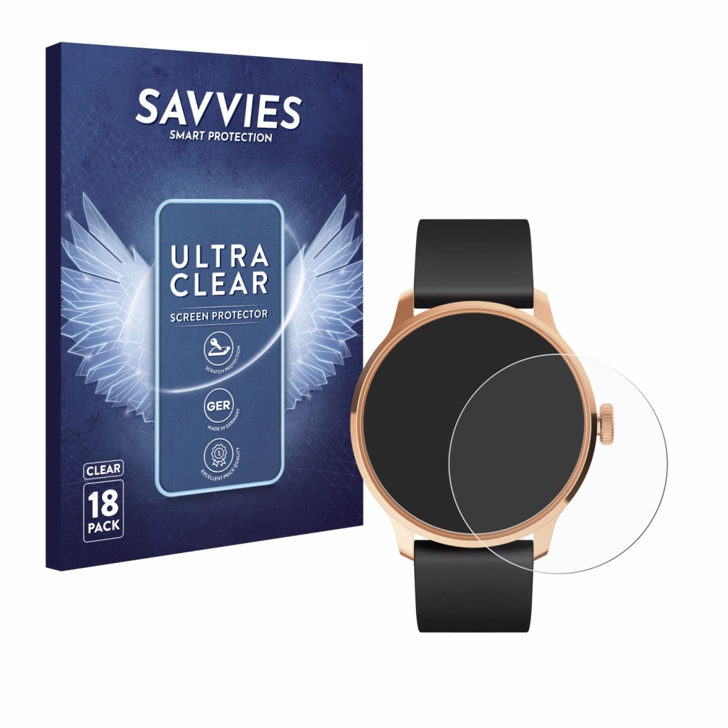 Vorderseite einer Produktverpackung mit dem Markenlogo Savvies. Daneben ist das Gerät Withings ScanWatch Light mit dem zugehör