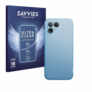 Parte frontale di una confezione del prodotto con il logo del marchio Savvies. Accanto è raffigurato il dispositivo Fairphone 