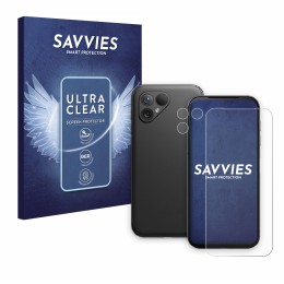 Vorderseite einer Produktverpackung mit dem Markenlogo Savvies. Daneben ist das Gerät Fairphone 5 (Display+Kamera) mit dem zug