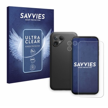Parte frontale di una confezione del prodotto con il logo del marchio Savvies. Accanto è raffigurato il dispositivo Fairphone 