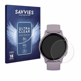 Face avant d’un emballage produit avec le logo de la marque Savvies. À côté, l’appareil Garmin vivoactive 5 est représenté ave
