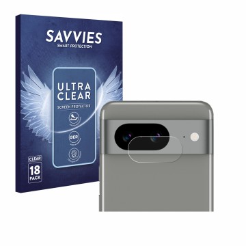 Vorderseite einer Produktverpackung mit dem Markenlogo Savvies. Daneben ist das Gerät Google Pixel 8 (NUR Kameraschutz) mit de