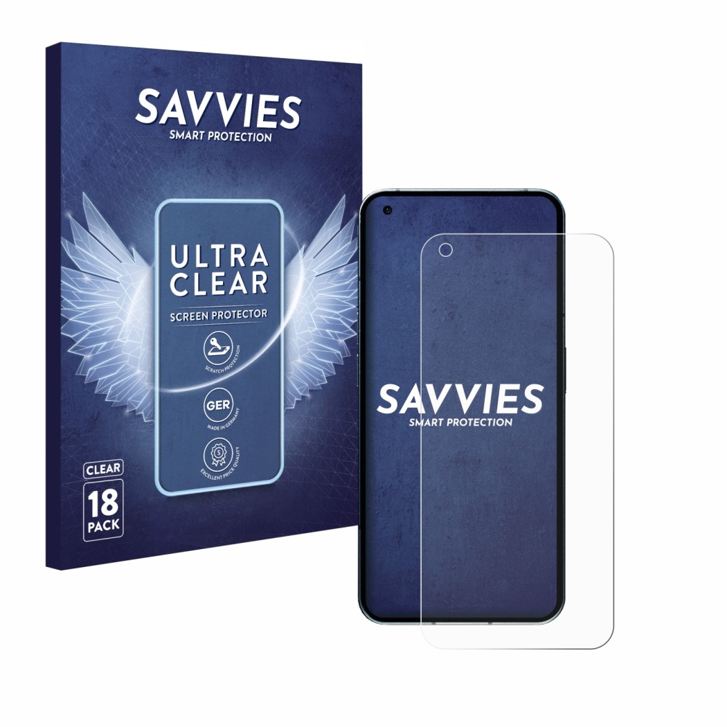 Face avant d’un emballage produit avec le logo de la marque Savvies. À côté, l’appareil Nothing Phone (1) (case-friendly) est 