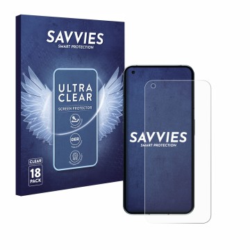Face avant d’un emballage produit avec le logo de la marque Savvies. À côté, l’appareil Nothing Phone (1) (case-friendly) est 