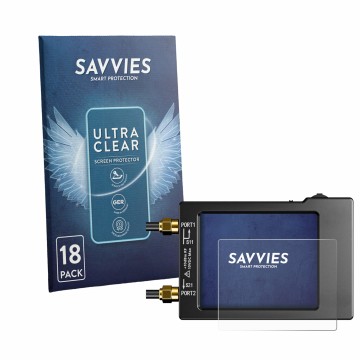 Front side of a product packaging with the brand logo Savvies. Next to it is the device NanoVNA H (handheld) shown with the co