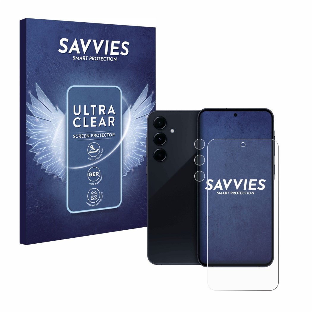 Vorderseite einer Produktverpackung mit dem Markenlogo Savvies. Daneben ist das Gerät Samsung Galaxy A55 5G (Display+Kamera) m