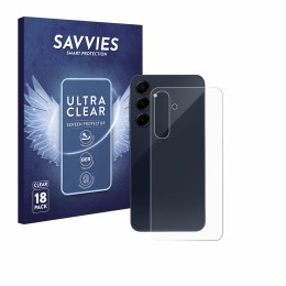 Vorderseite einer Produktverpackung mit dem Markenlogo Savvies. Daneben ist das Gerät Samsung Galaxy A55 5G (Rückseite) mit de