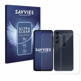 Vorderseite einer Produktverpackung mit dem Markenlogo Savvies. Daneben ist das Gerät Samsung Galaxy A55 5G (Display+Rückseite