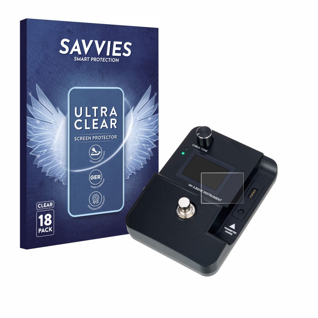 Parte frontal de un envase de producto con el logotipo de la marca Savvies. Al lado se muestra el dispositivo Harley Benton Ai