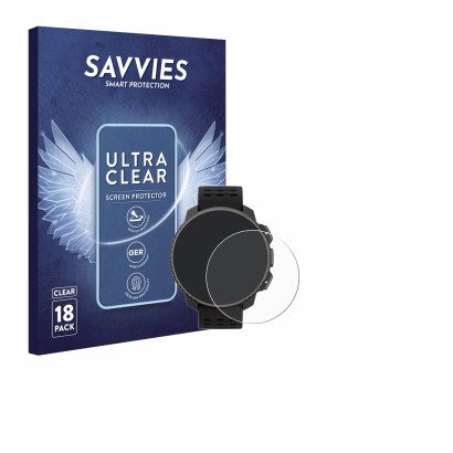 Face avant d’un emballage produit avec le logo de la marque Savvies. À côté, l’appareil Suunto Vertical Solar est représenté a