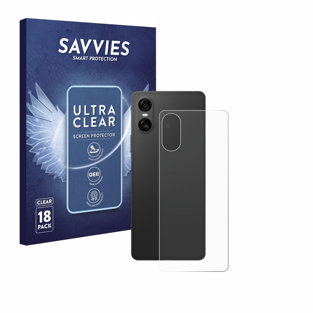 Face avant d’un emballage produit avec le logo de la marque Savvies. À côté, l’appareil Sony Xperia 10 VI (Arrière) est représ