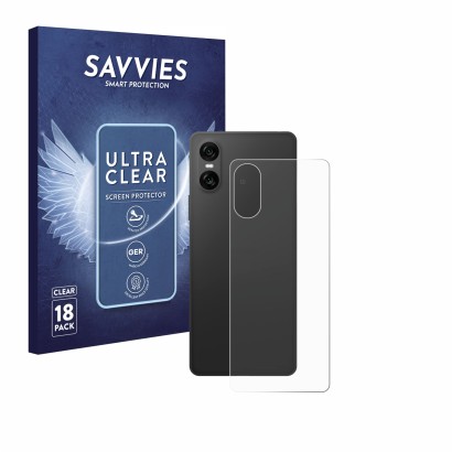 Face avant d’un emballage produit avec le logo de la marque Savvies. À côté, l’appareil Sony Xperia 10 VI (Arrière) est représ