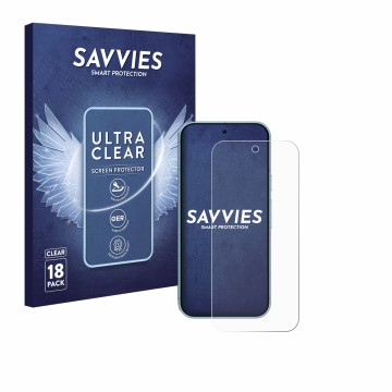 Front side of a product packaging with the brand logo Savvies. Next to it is the device Google Pixel 9 shown with the correspo