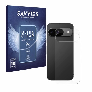 Front side of a product packaging with the brand logo Savvies. Next to it is the device Google Pixel 9 (Back) shown with the c