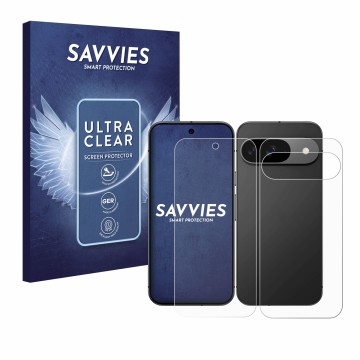 Front side of a product packaging with the brand logo Savvies. Next to it is the device Google Pixel 9 (Front+Back) shown with
