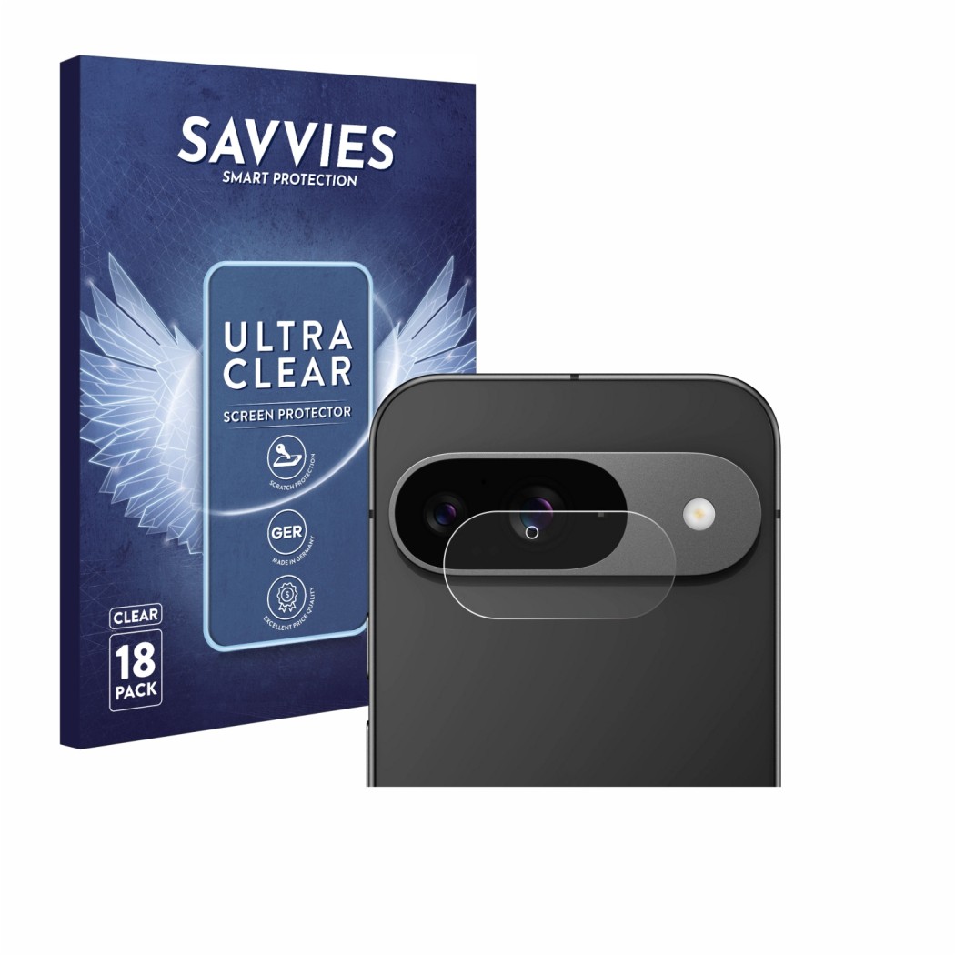 Front side of a product packaging with the brand logo Savvies. Next to it is the device Google Pixel 9 (ONLY Camera Lens) show