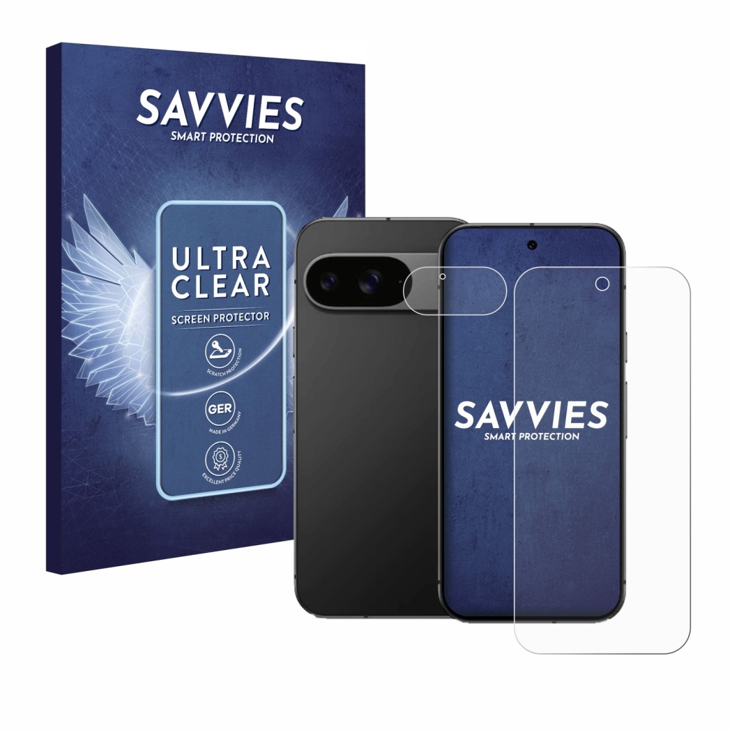 Front side of a product packaging with the brand logo Savvies. Next to it is the device Google Pixel 9 (Front+Camera) shown wi